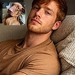 A relaxed brown dog lounges on a textured couch, giving the camera a sleepy, unimpressed look that screams 'I woke up like this.' The cozy setting and soft lighting highlight the dog's smooth fur and soulful eyes.
