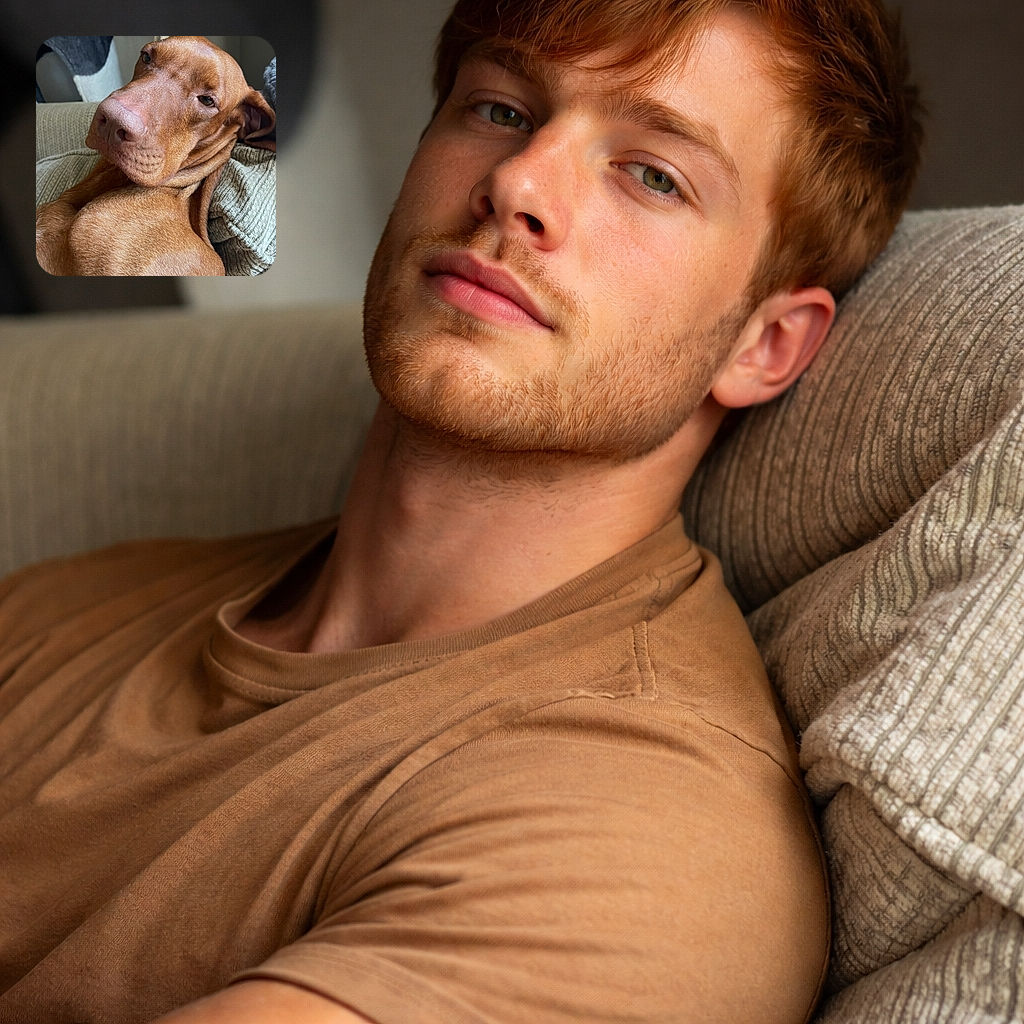 A relaxed brown dog lounges on a textured couch, giving the camera a sleepy, unimpressed look that screams 'I woke up like this.' The cozy setting and soft lighting highlight the dog's smooth fur and soulful eyes.