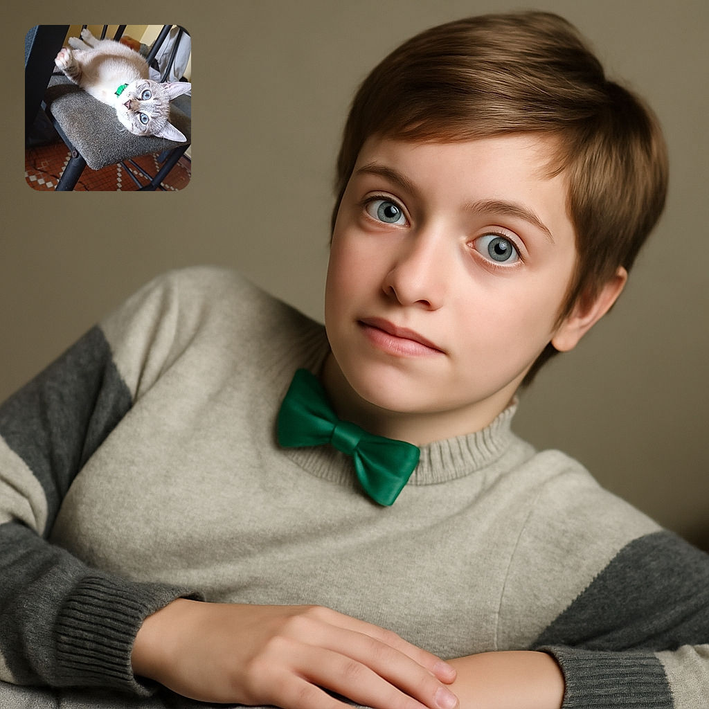 A fluffy cat with striking blue eyes lounges upside down on a textured gray chair, looking curiously at the camera with a green collar adding a pop of color, set against a cozy indoor background with tiled floor and furniture.
