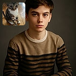 A curious tabby cat with big, expressive eyes sits attentively on a wooden floor, looking slightly downward as if pondering the mysteries of the universe or just waiting for a treat.