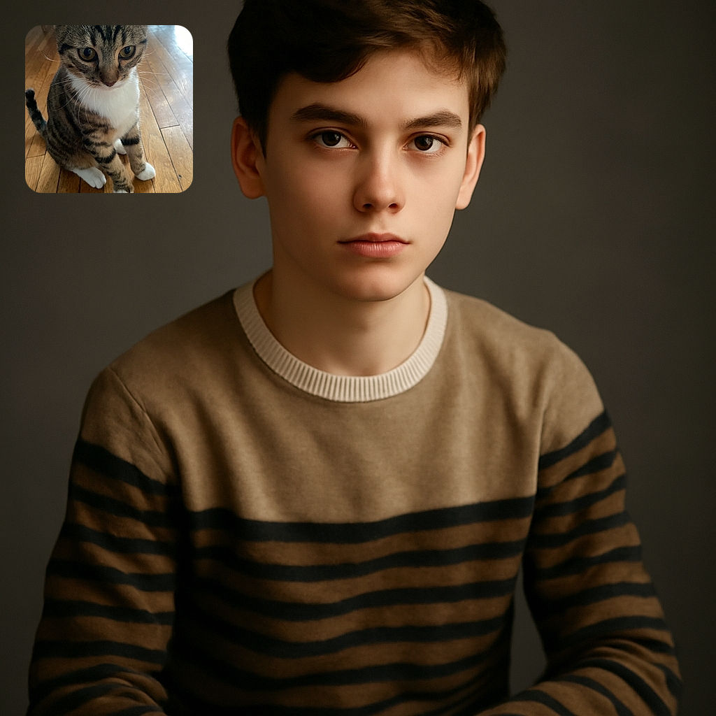 A curious tabby cat with big, expressive eyes sits attentively on a wooden floor, looking slightly downward as if pondering the mysteries of the universe or just waiting for a treat.