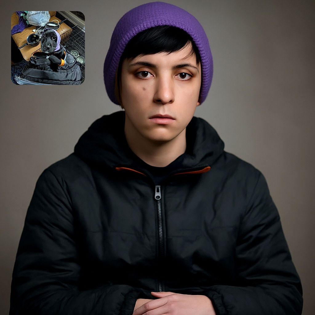 A curious black dog with a purple cloth wrapped around its head peeks out from a black backpack, sitting in a cluttered room with a couch, kitchen utensils, and a wire crate in the background.