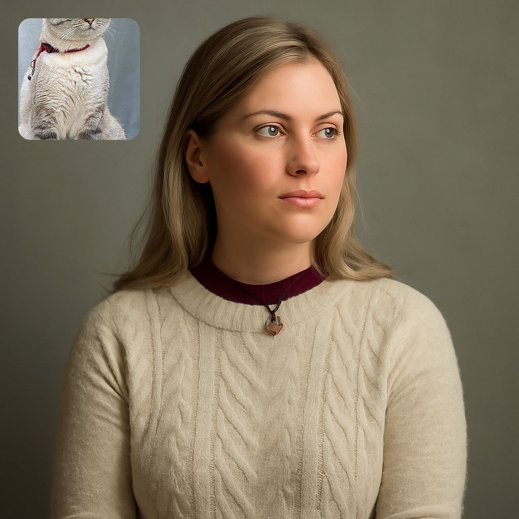 A regal cat with soft, striped fur and captivating blue eyes sits upright behind a wooden ledge, wearing a red collar with a small bell, staring off into the distance with a noble expression against a plain gray background.
