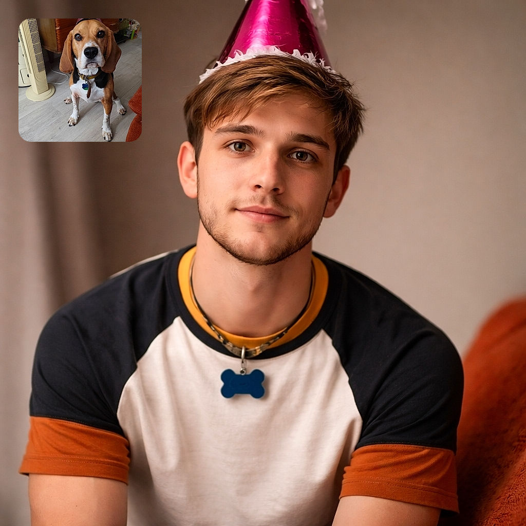A beagle wearing a shiny pink party hat sits obediently on a wooden floor, staring intently at the camera. In front of the dog, a plate holds a sausage shaped like a smiley face decorated with green bits. The background shows a wooden dresser, a fan, and some household items, creating a cozy indoor scene.
