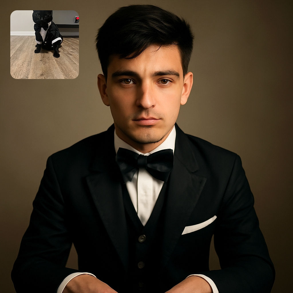 A dapper black cat is dressed to impress in a tiny tuxedo, sitting regally on a wooden floor with a serious expression that says, 'I'm here for the fancy party, not your casual hangout.'