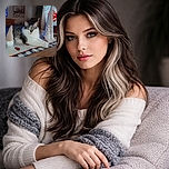 A fluffy cat lounges regally on a patterned table runner flanked by whimsical Christmas gnome decorations, set in a cozy room with soft lighting and homey decor.