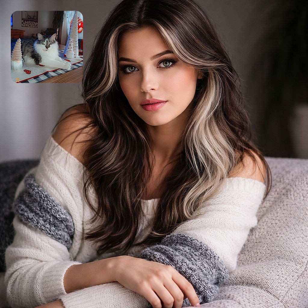 A fluffy cat lounges regally on a patterned table runner flanked by whimsical Christmas gnome decorations, set in a cozy room with soft lighting and homey decor.