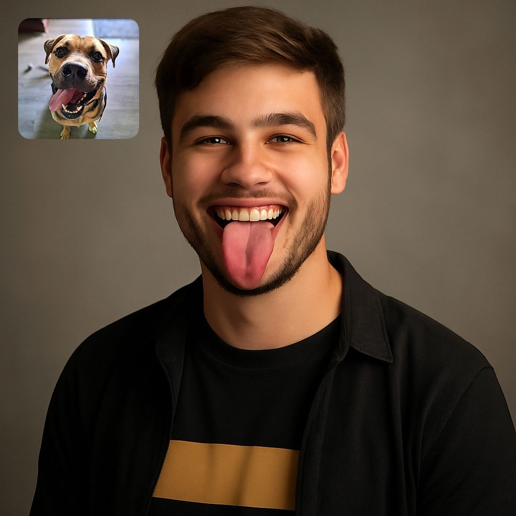 A joyful dog with a big smile and tongue out is looking up at the camera, creating an adorable close-up portrait with a softly blurred background that highlights the pup's happy expression.