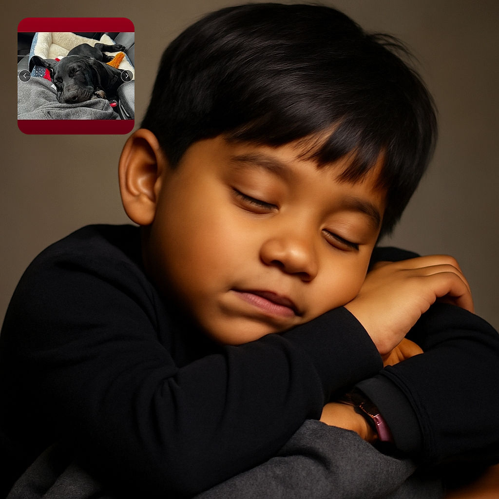 A cozy black puppy is peacefully sleeping on a gray fabric surface inside a car, surrounded by a soft dog bed and a toy, radiating pure relaxation and cuteness.