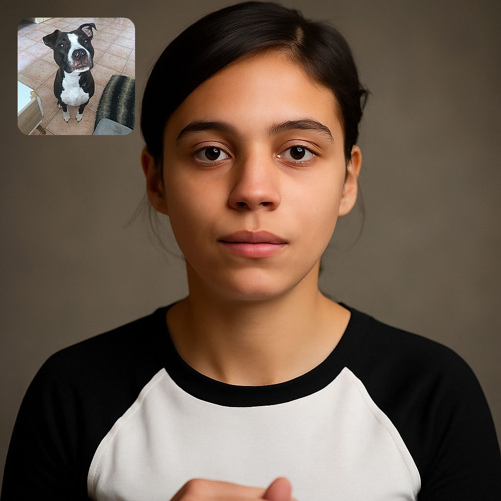 A curious black and white dog with a slightly tilted ear sits attentively on a tiled floor, looking up with soulful eyes. Surrounding the dog are household items including a worn table corner, a fuzzy rug, and wooden chairs, creating a cozy indoor setting.