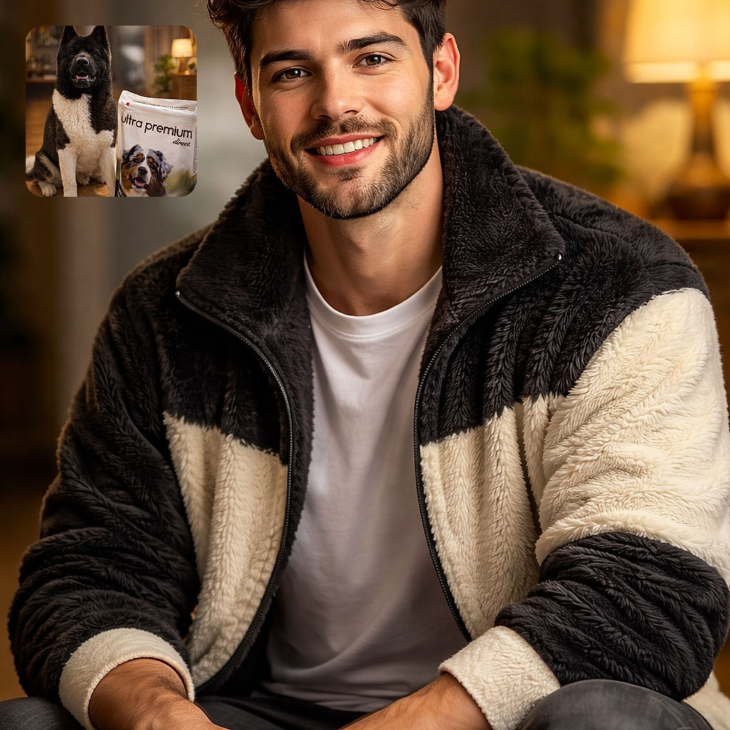 A majestic black and white dog sits proudly next to a large bag of ultra premium dog food, with cozy indoor lighting creating a warm and inviting atmosphere. The dog looks happy and content, as if endorsing the quality nutrition promised by the product, while some kibble pieces lie scattered on the floor.