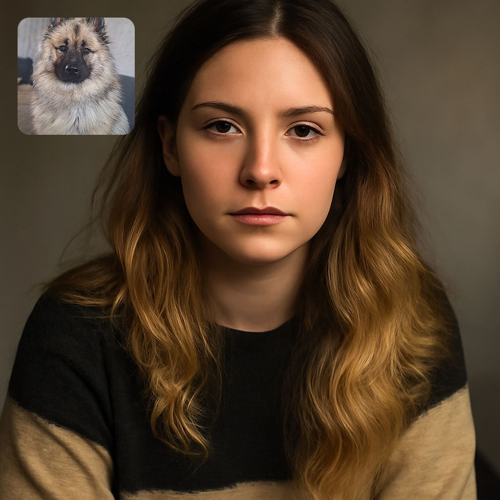 A majestic fluffy dog with a thick coat sits patiently on a couch, gazing directly into the camera with soulful eyes, surrounded by a soft, blurred background that highlights its regal fur and expressive face.