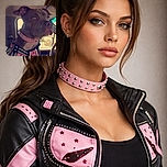 A serious-looking dog sporting a studded pink collar and a harness with reflective strips, sitting inside a vehicle with a focused gaze out the window, ready for an adventure or a drive.