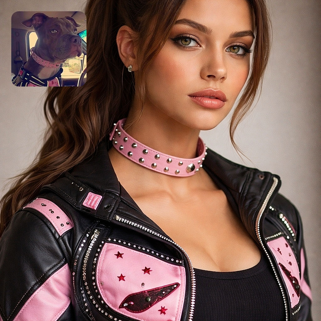 A serious-looking dog sporting a studded pink collar and a harness with reflective strips, sitting inside a vehicle with a focused gaze out the window, ready for an adventure or a drive.