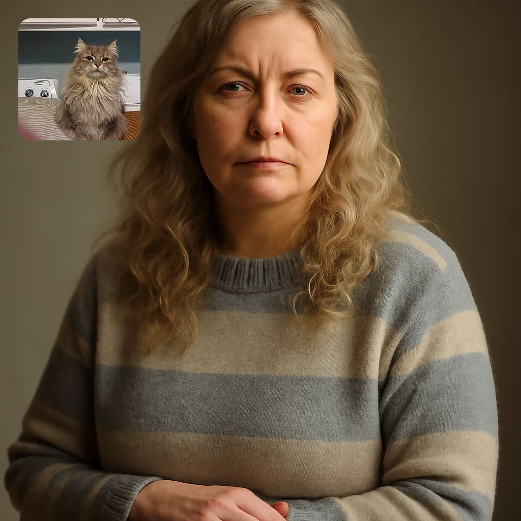 A fluffy, majestic long-haired cat sits proudly in front of a washer and dryer, looking slightly unimpressed as if judging the laundry routine. The cozy indoor setting adds a homely vibe to this candid moment.