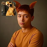 A small tan dog, possibly a Chihuahua, is sitting on a couch looking directly at the camera with an inquisitive head tilt. The background shows a gray cushion and some household items, giving a cozy indoor vibe.