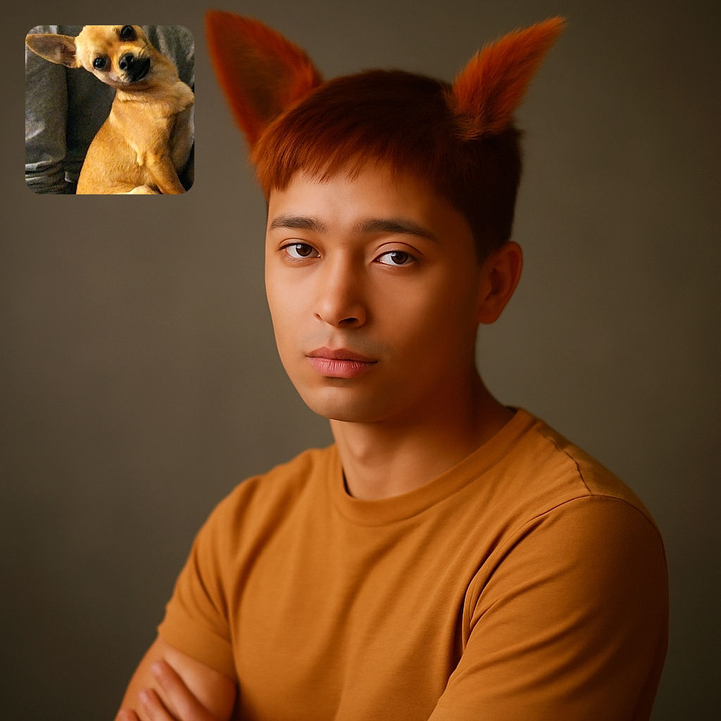 A small tan dog, possibly a Chihuahua, is sitting on a couch looking directly at the camera with an inquisitive head tilt. The background shows a gray cushion and some household items, giving a cozy indoor vibe.