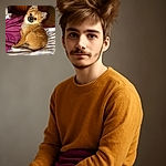 A fluffy, adorable dog with a curious head tilt lounges comfortably on a bed covered with a striped sheet and a purple blanket, set against a warm wooden cabinet background.