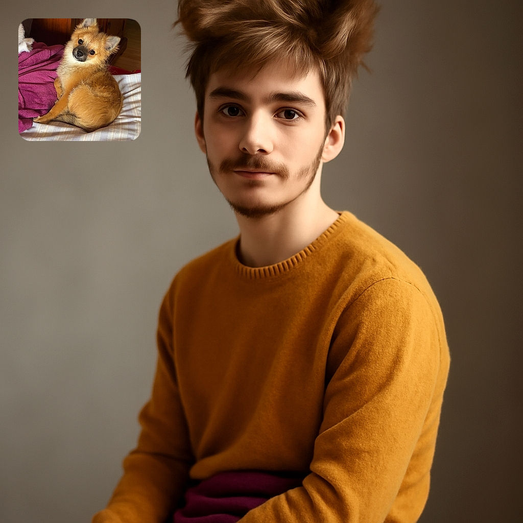 A fluffy, adorable dog with a curious head tilt lounges comfortably on a bed covered with a striped sheet and a purple blanket, set against a warm wooden cabinet background.