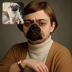 A cute pug puppy is being held up by a person with a fancy nail design, looking adorably serious with big, soulful eyes. The background shows a garage or workshop space with various tools and another dog in the distance.
