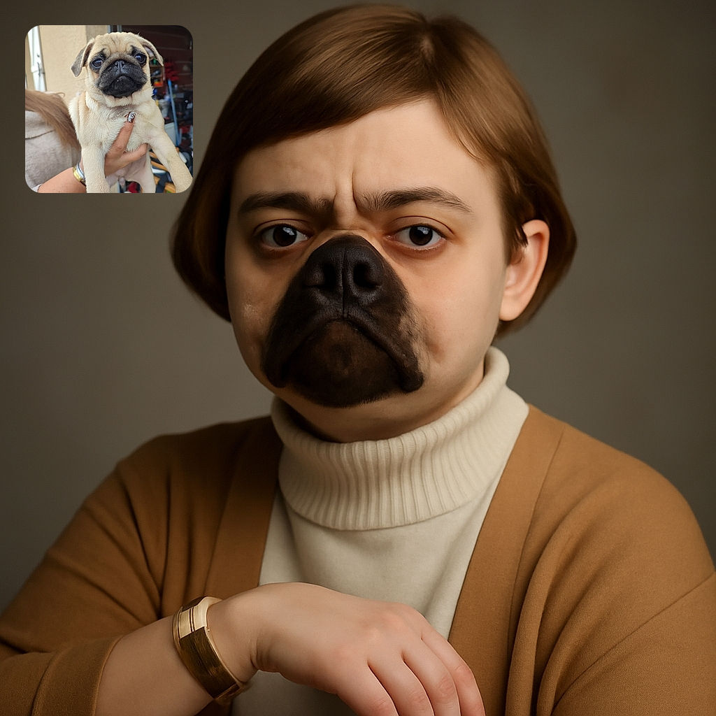 A cute pug puppy is being held up by a person with a fancy nail design, looking adorably serious with big, soulful eyes. The background shows a garage or workshop space with various tools and another dog in the distance.