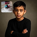 A tiny black puppy sits adorably in a fluffy round dog bed surrounded by colorful toys, looking curiously at the camera on a tiled floor in a cozy room.