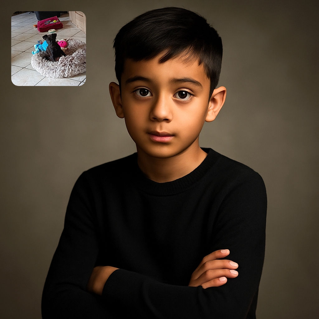 A tiny black puppy sits adorably in a fluffy round dog bed surrounded by colorful toys, looking curiously at the camera on a tiled floor in a cozy room.