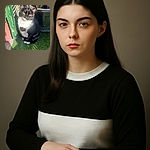 A charming black and white cat sits gracefully on lush green grass, basking in warm sunlight near a weathered green wooden shutter and a large potted plant, looking curiously at the camera with bright yellow eyes.