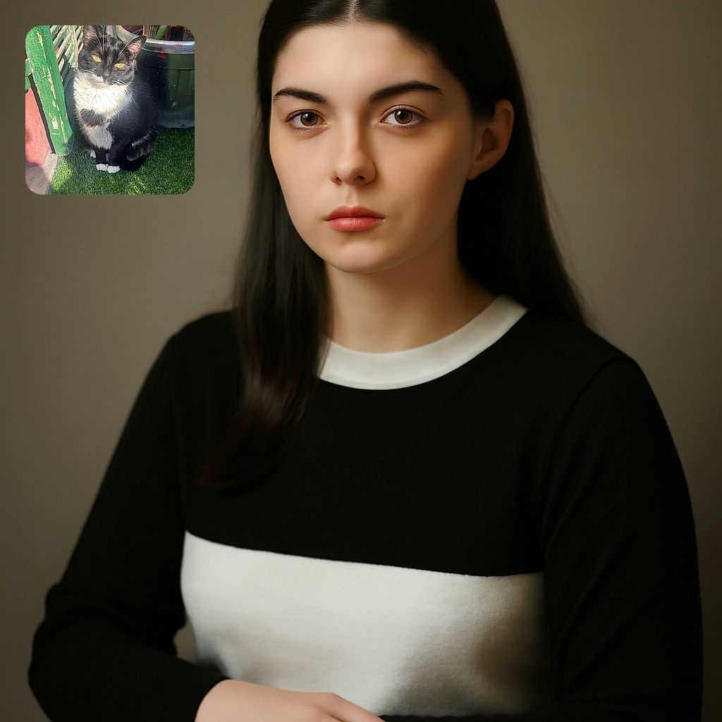 A charming black and white cat sits gracefully on lush green grass, basking in warm sunlight near a weathered green wooden shutter and a large potted plant, looking curiously at the camera with bright yellow eyes.