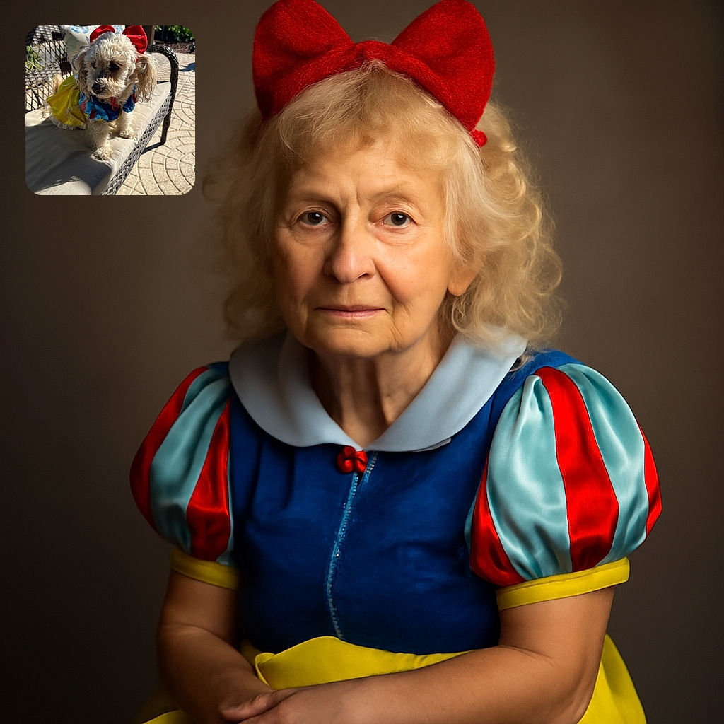 A fluffy small dog dressed in a colorful Snow White-inspired costume with a red bow sits adorably on a cushioned wicker chair outdoors, basking in the sunlight on a patterned stone patio.