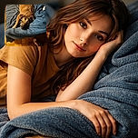 A cozy dog is sprawled out on a soft blue blanket on a couch, looking relaxed and a bit sleepy. The warm light highlights the dog's fur texture and the cozy home vibe, with a pair of sneakers and a socked foot visible on the tiled floor below.