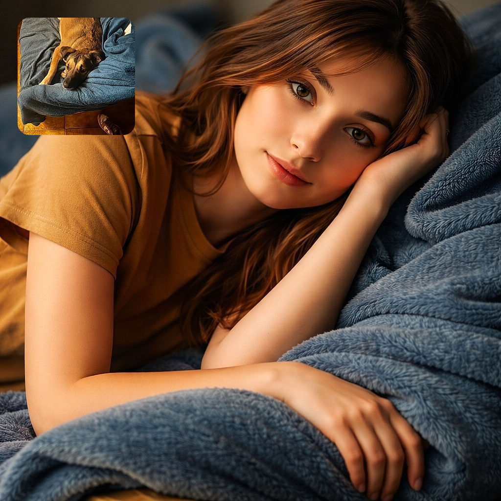 A cozy dog is sprawled out on a soft blue blanket on a couch, looking relaxed and a bit sleepy. The warm light highlights the dog's fur texture and the cozy home vibe, with a pair of sneakers and a socked foot visible on the tiled floor below.
