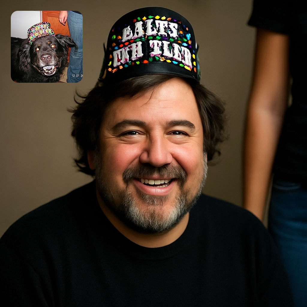 A happy black dog wearing a colorful 'Happy New Year' party hat grins widely at the camera, with a person standing nearby in jeans. The photo has a casual, candid vibe with a timestamp from 2008 in the corner.