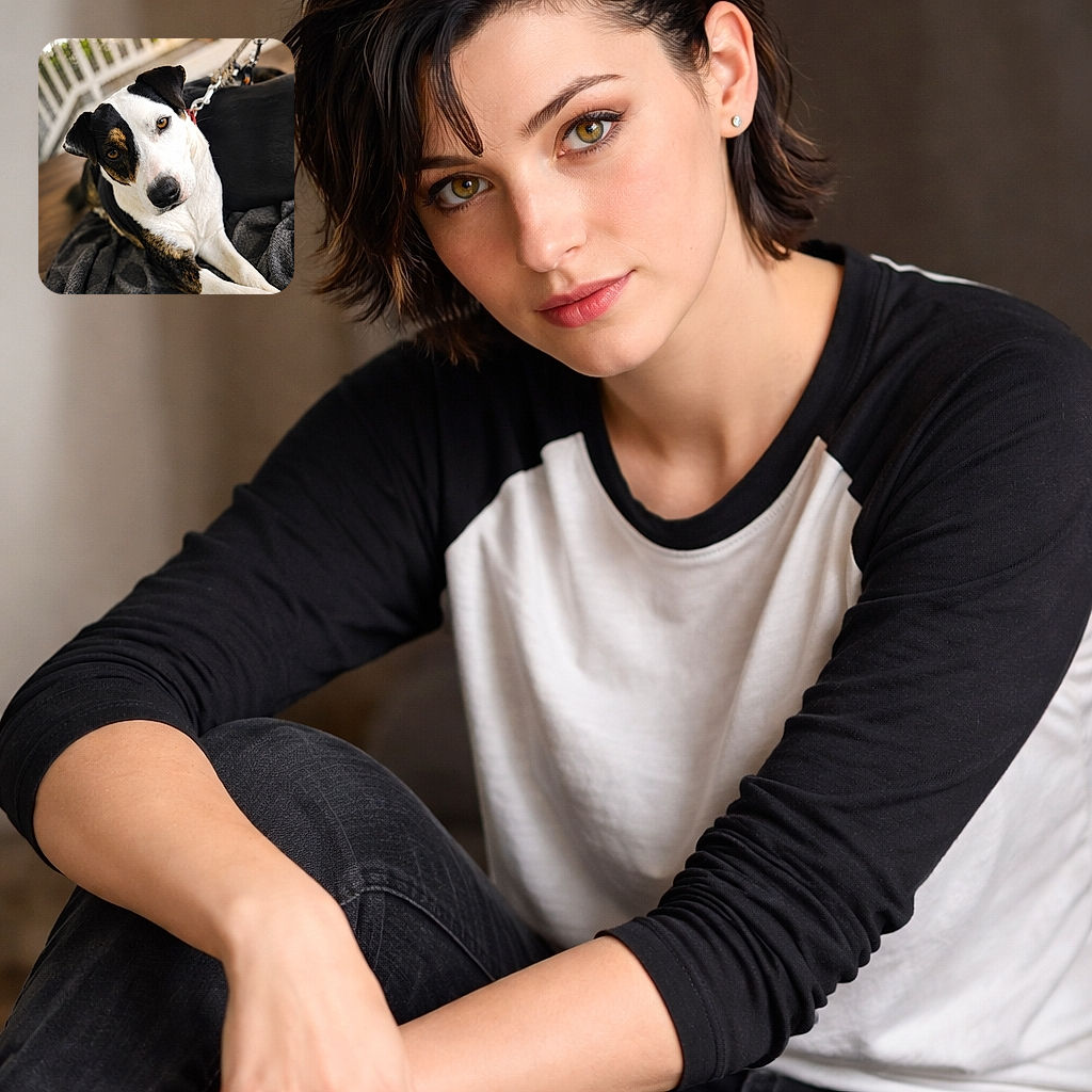 A charming dog with a striking black and white coat lounges comfortably on a textured gray blanket, looking curiously at the camera with warm amber eyes. The background is softly blurred, highlighting the dog's expressive face and relaxed pose on a wooden floor near a white railing.