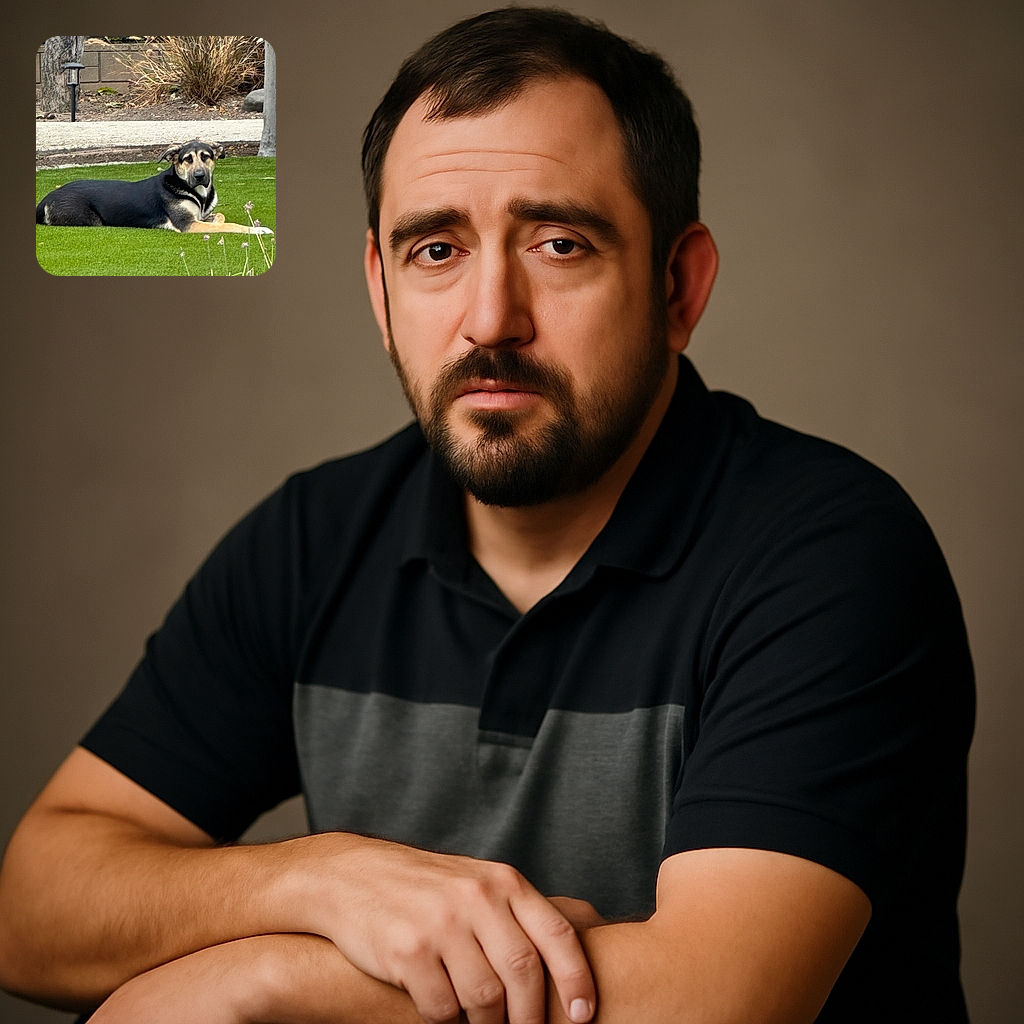 A large dog with a mix of black and tan fur is lounging comfortably on a neatly trimmed green lawn. The background features dry ornamental grasses and a stone wall, creating a peaceful garden scene. The dog looks calm and relaxed, enjoying a sunny day outdoors.