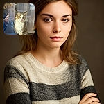 A charming tabby cat with a pink nose sits gracefully behind a glass window, basking in the warm sunlight. The reflection of a person holding a phone adds an artistic touch, while soft curtains and delicate flowers frame the scene, creating a cozy and serene atmosphere.