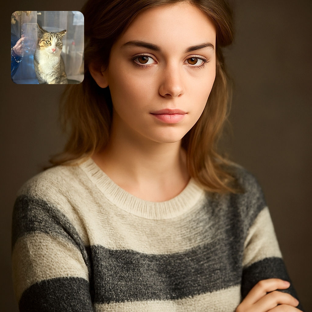 A charming tabby cat with a pink nose sits gracefully behind a glass window, basking in the warm sunlight. The reflection of a person holding a phone adds an artistic touch, while soft curtains and delicate flowers frame the scene, creating a cozy and serene atmosphere.