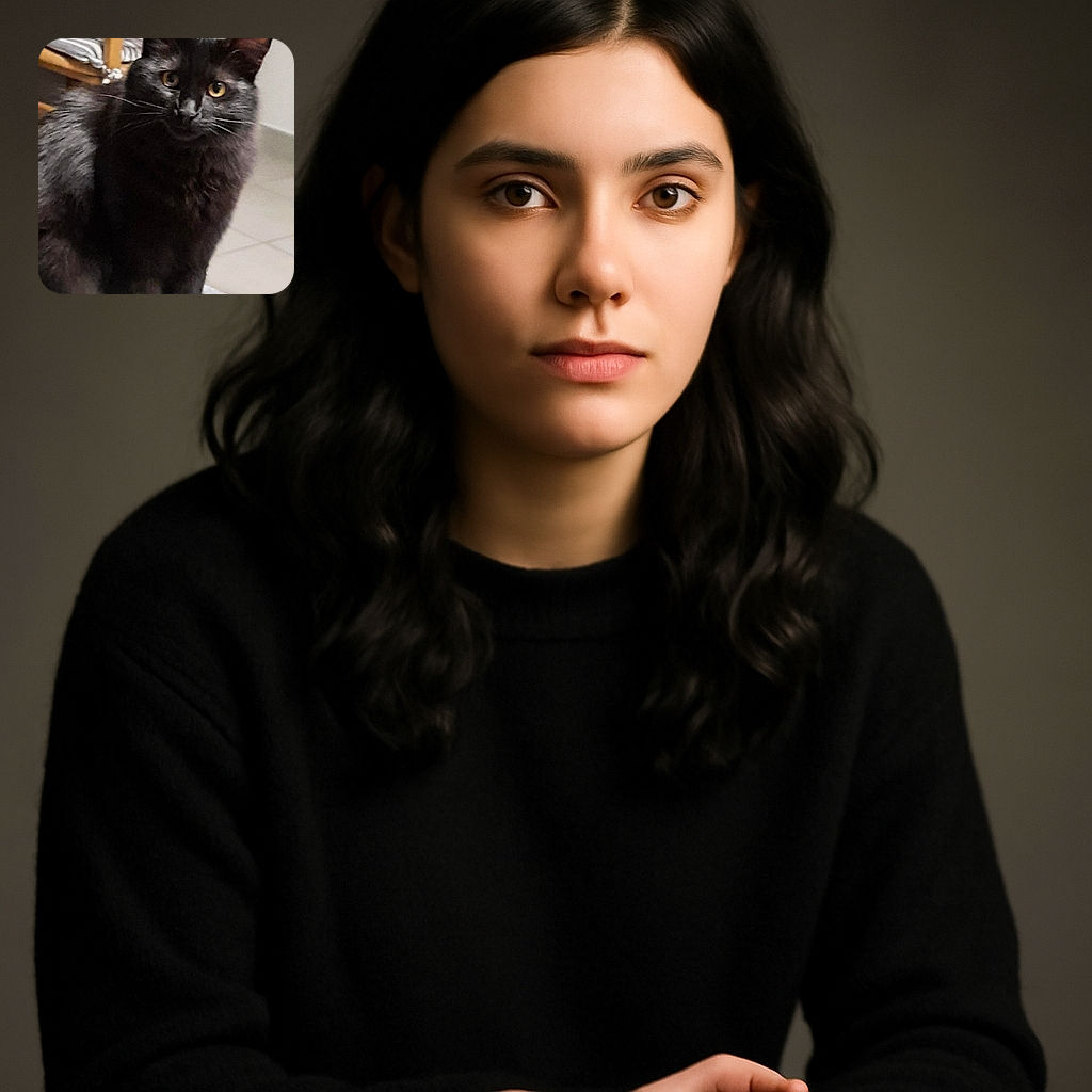 A fluffy black cat sits attentively on a textured blanket with a wooden chair and tiled floor in the background, giving off a mysterious yet cozy vibe.