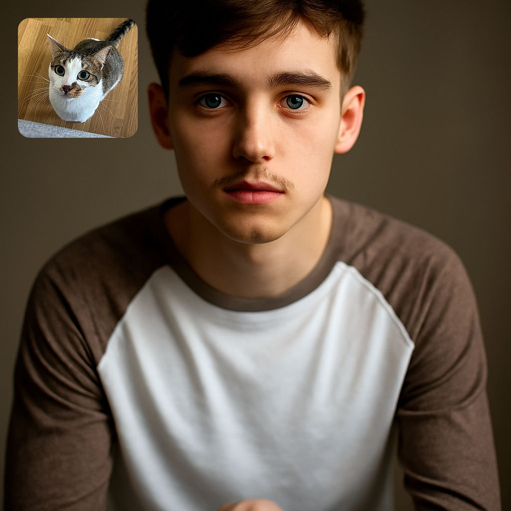 A curious cat with wide, expressive eyes looks up eagerly from a wooden floor, as if plotting its next adorable mischief. The close-up shot captures its detailed fur pattern and whiskers, with a cozy indoor vibe.