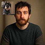 A charming scruffy dog with a curious expression sits on a cozy bed, its fluffy fur and soulful eyes stealing the spotlight against a plain curtain background.