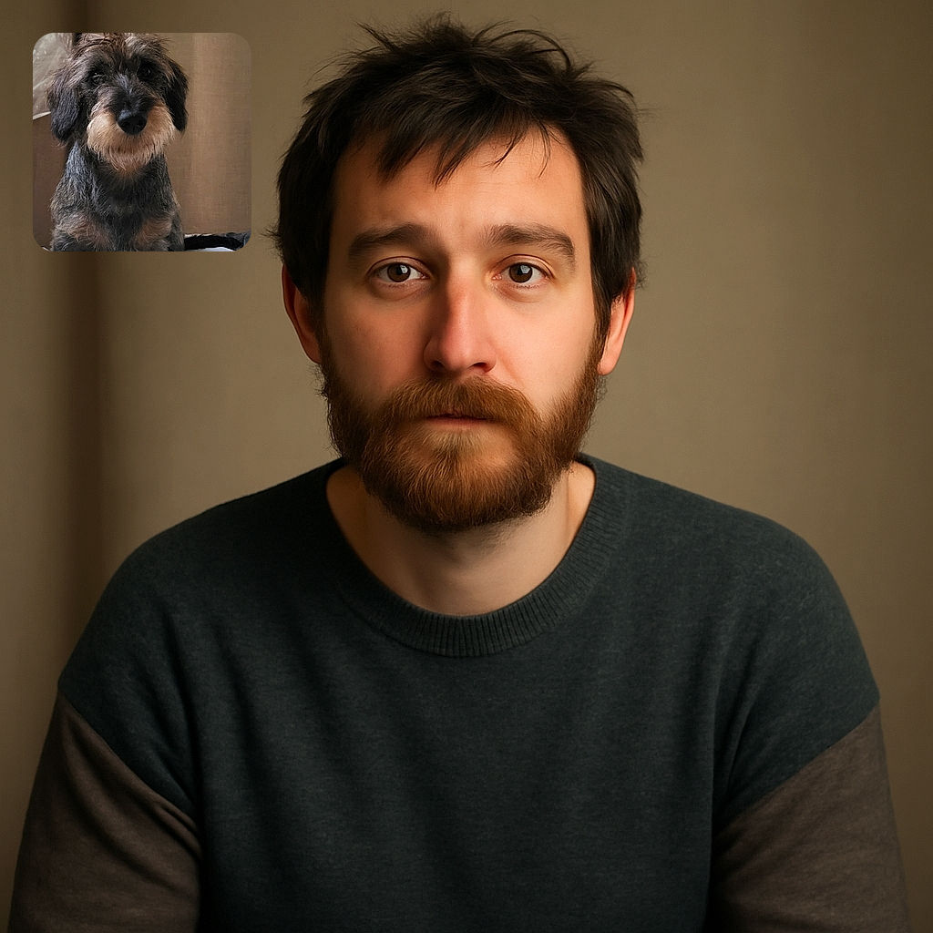 A charming scruffy dog with a curious expression sits on a cozy bed, its fluffy fur and soulful eyes stealing the spotlight against a plain curtain background.