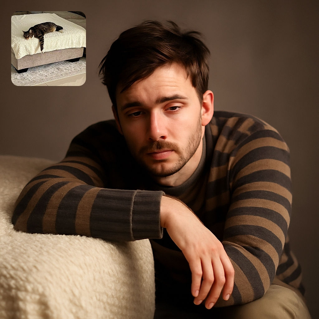 A cozy tabby cat sprawled out on a fluffy white blanket atop a beige ottoman, looking utterly relaxed and possibly dreaming of chasing imaginary mice, surrounded by a neutral-toned living room setup.