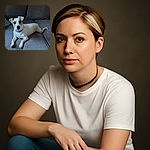 A charming white and brown dog is stretched out comfortably on a gray couch, looking directly at the camera with big, soulful eyes. The cozy setting and soft lighting make it feel like a perfect lazy afternoon hangout.