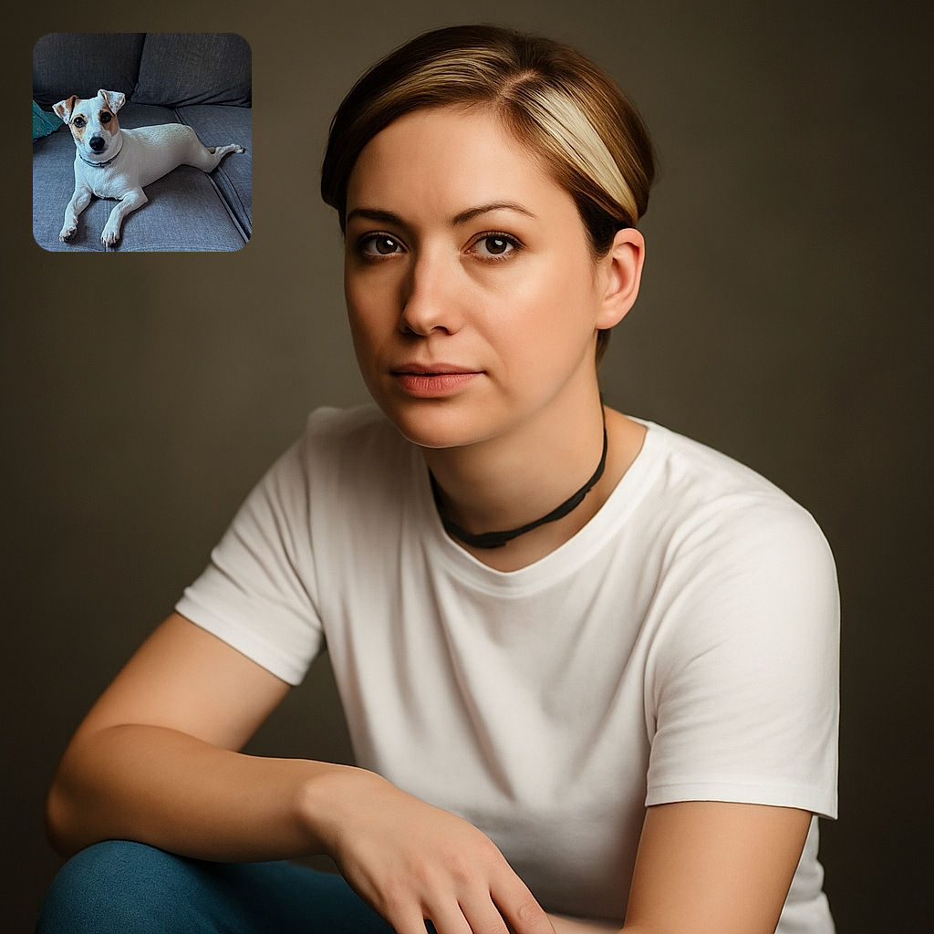 A charming white and brown dog is stretched out comfortably on a gray couch, looking directly at the camera with big, soulful eyes. The cozy setting and soft lighting make it feel like a perfect lazy afternoon hangout.