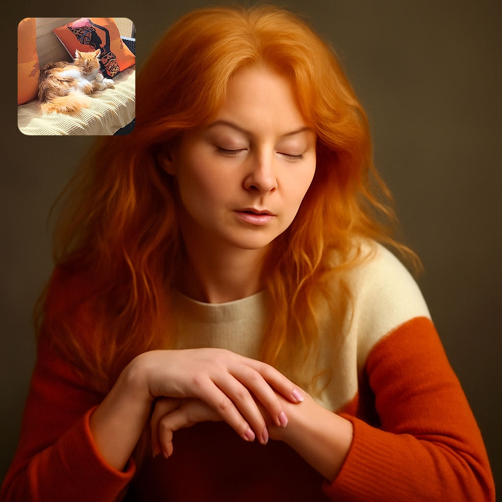 A fluffy orange and white cat is basking in the warm sunlight on a textured beige blanket, surrounded by vibrant orange pillows, one featuring an artistic silhouette of a woman with a colorful headwrap. The cozy scene radiates calm and comfort.
