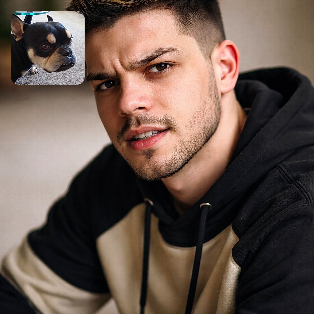 A grumpy-but-adorable bulldog photobombs the frame with a dramatic close-up — one eyebrow raised, little underbite showing, and a suspicious eye that says 'who took my treat?'. The living-room carpet and a glass table sit softly out of focus in the background.
