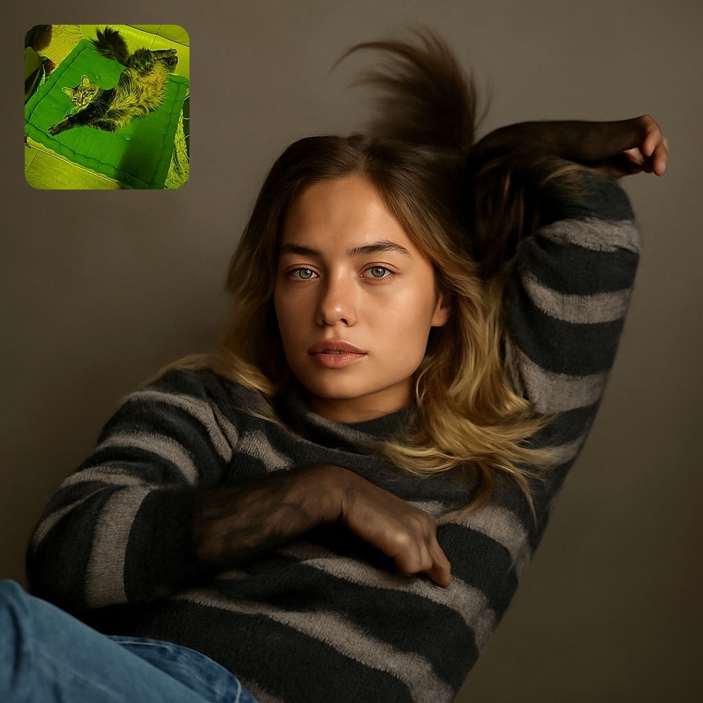 A fluffy tabby cat is stretching out luxuriously on a green cushion atop a yellow couch, bathed in warm yellow light that gives the whole scene a cozy, slightly surreal vibe.