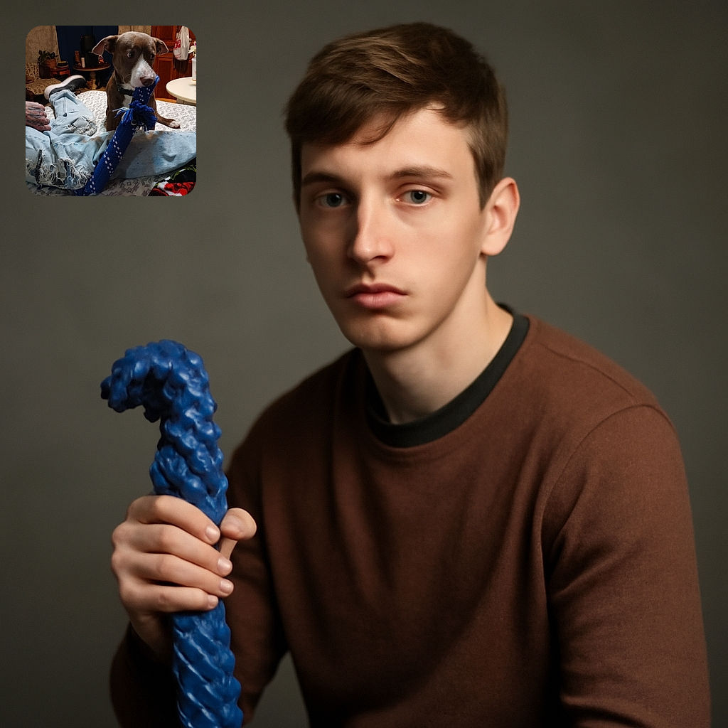 A curious dog with wide eyes is gripping a blue rope toy in its mouth while standing on a bed. A person wearing ripped jeans and sneakers is lying on the bed, seemingly engaged in play with the dog. The room has a cozy, lived-in feel with furniture, plants, and a plastic bag hanging on a cabinet door.