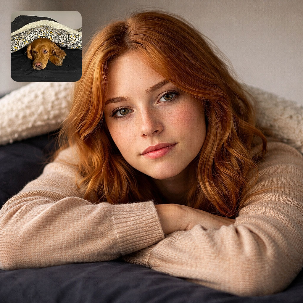 A cozy golden-colored dog is tucked under a floral duvet, peeking out with a resigned, sleepy expression like it lost the battle for the blanket. The scene is warm and domestic—soft bedding, a patterned comforter, and a very relatable pouty pup.