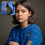A curious gray tabby cat sits on a vibrant blue blanket adorned with colorful cartoon patterns and checkered flags, casting a sideways glance with wide, bright eyes as if caught mid-thought or plotting its next playful move.